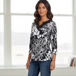 Alfred Dunner Blouse Sz Petite Small 3/4 Sleeve Floral Y2k 2000's Retro Elegant